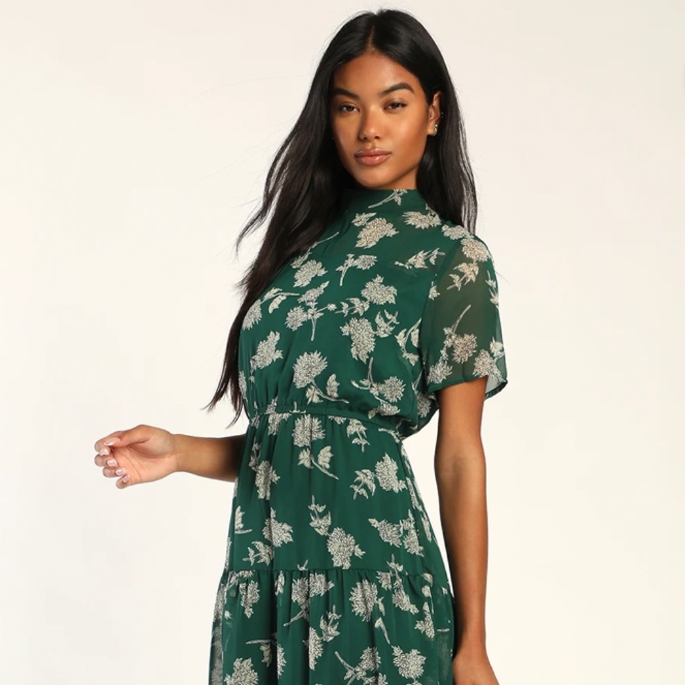 Dark Green Floral Print Midi Dress